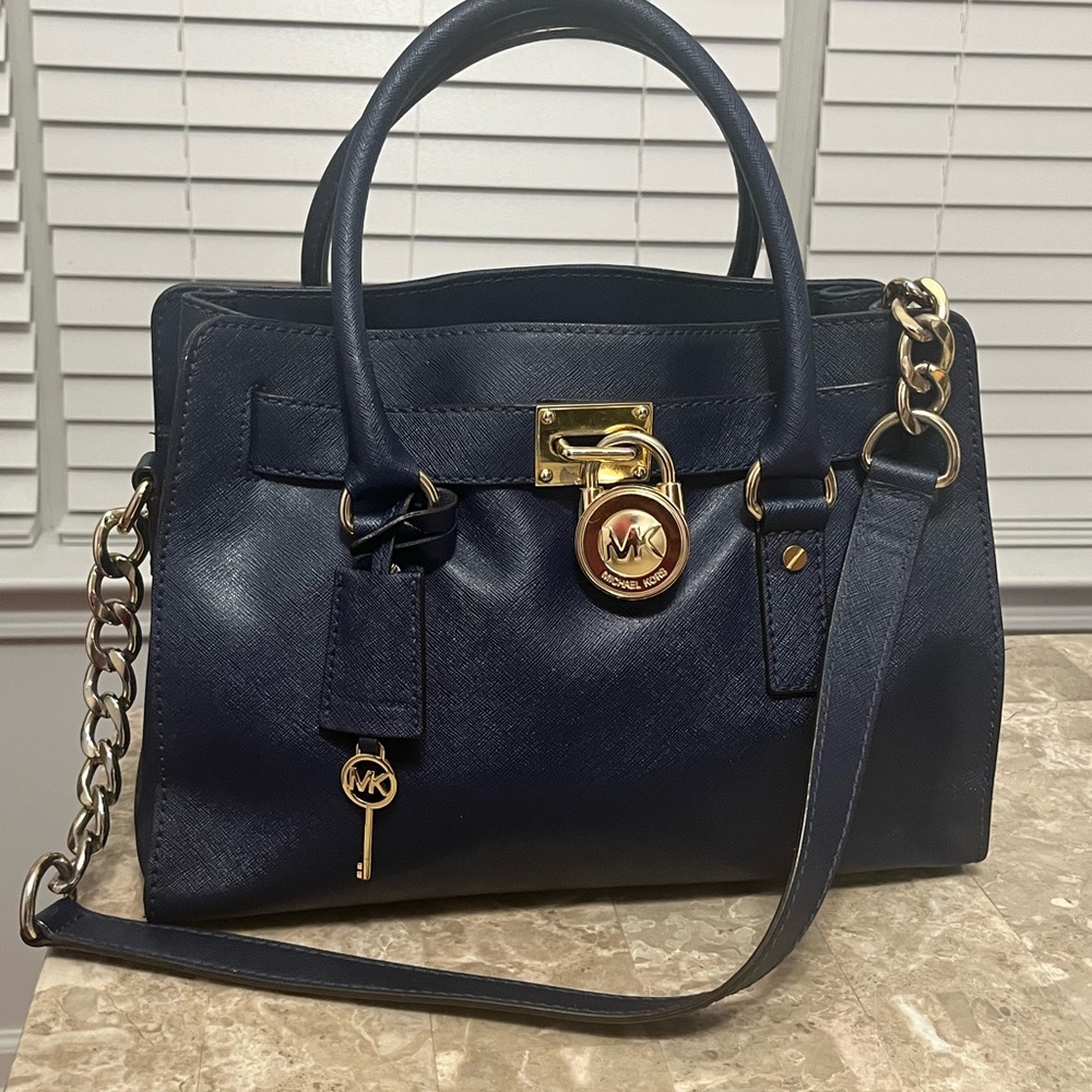 Michael Kors Navy Blue Saffiano Leather Hamilton Bag with Gold Hardware